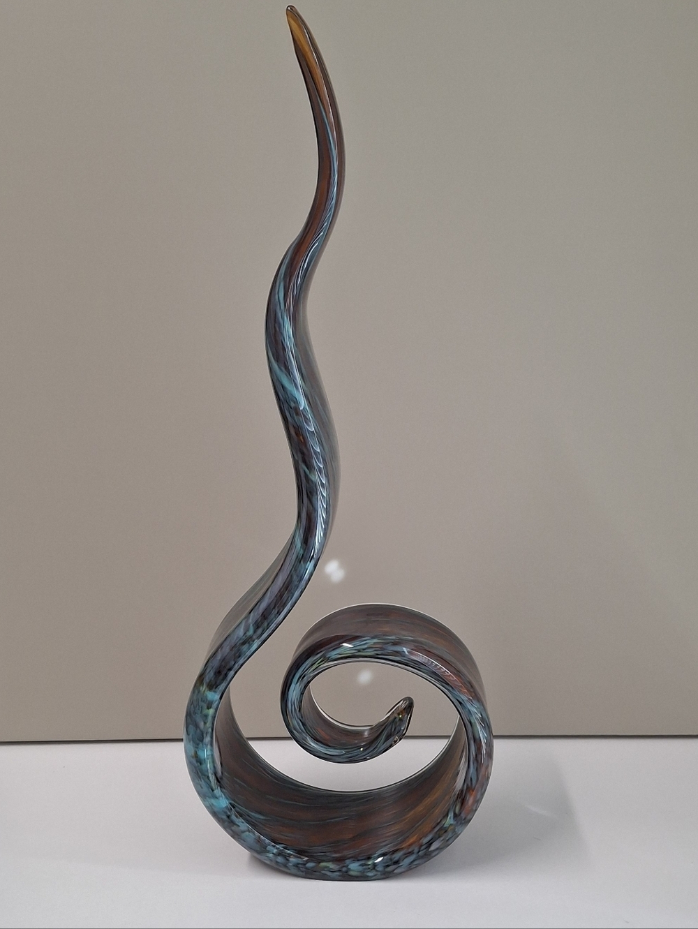 Contemporary Art Glass Blue Orange Specks Ribbon Swirl Glass Sculpture 15 1/2"